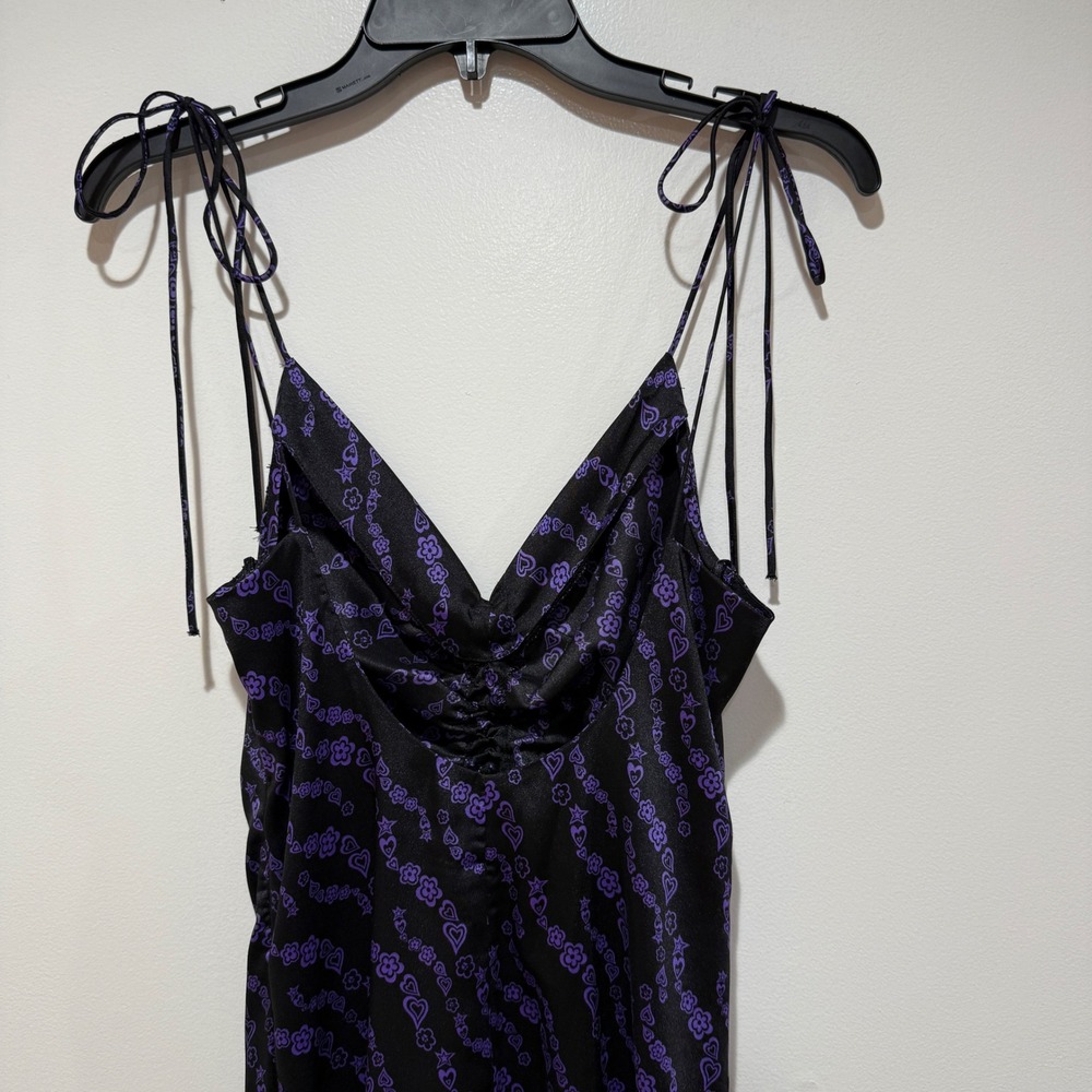 SANDRO Thais Ruched Crossback A-Line Midi Dress Noir Violet Heart Print 36 US 4 - Picture 11 of 14